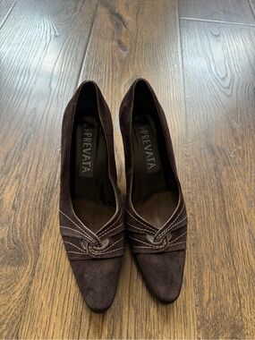 Prevata Dark Brown Suede Pointed Toe Knot Pumps